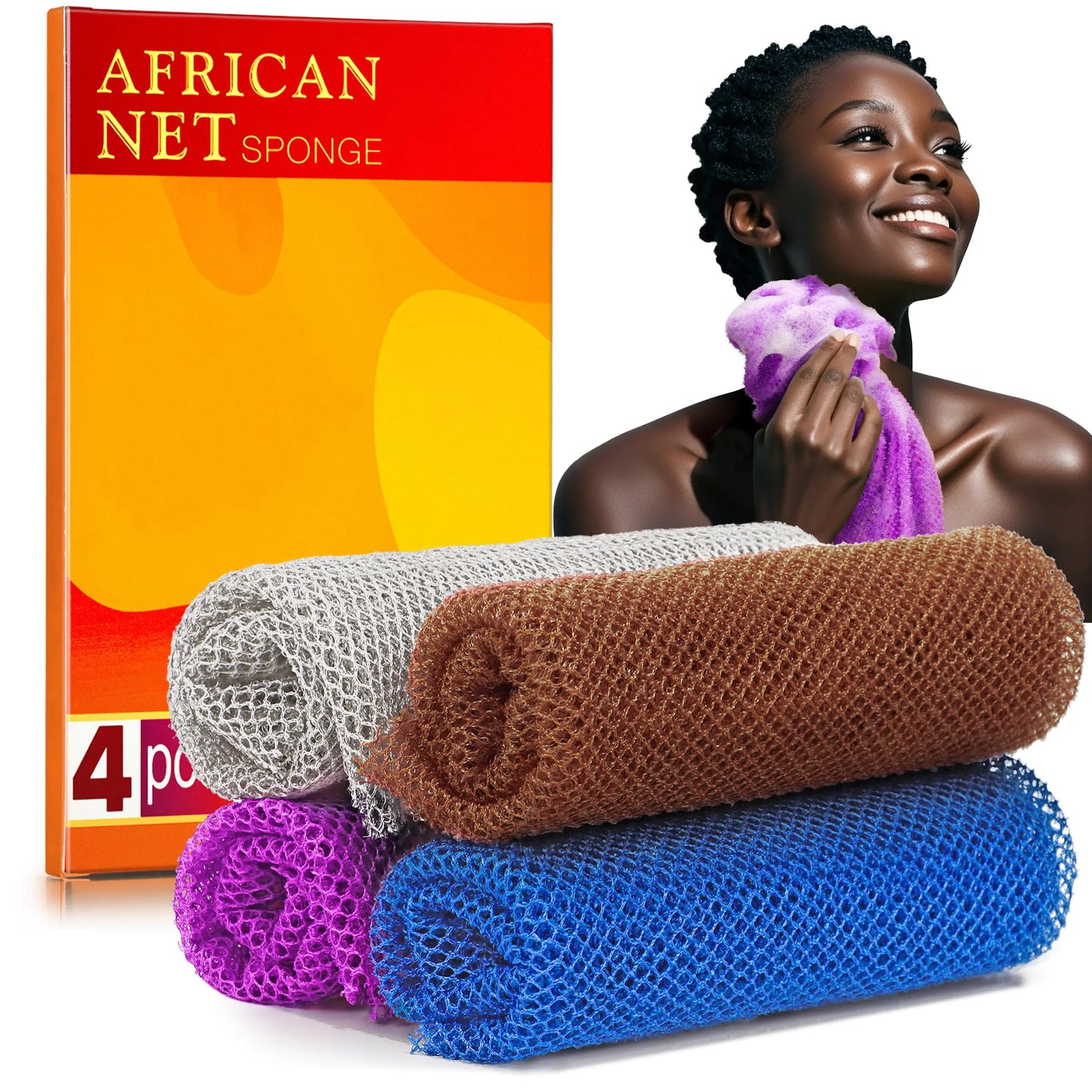 4 Pieces African Net Sponge for Deep Exfoliation – African Net Sponge Authentic Exfoliating Washcloth Quick-Drying African Exfoliating Net for Smooth & Glowing Skin(Brown Blue PurpleGrey)