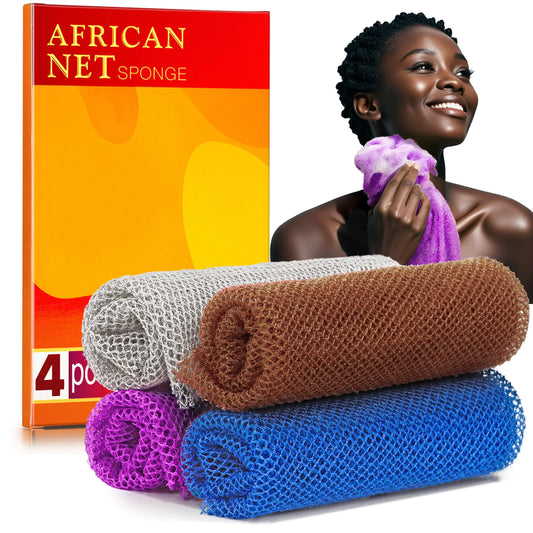 4 Pieces African Net Sponge for Deep Exfoliation – African Net Sponge Authentic Exfoliating Washcloth Quick-Drying African Exfoliating Net for Smooth & Glowing Skin(Brown Blue PurpleGrey)