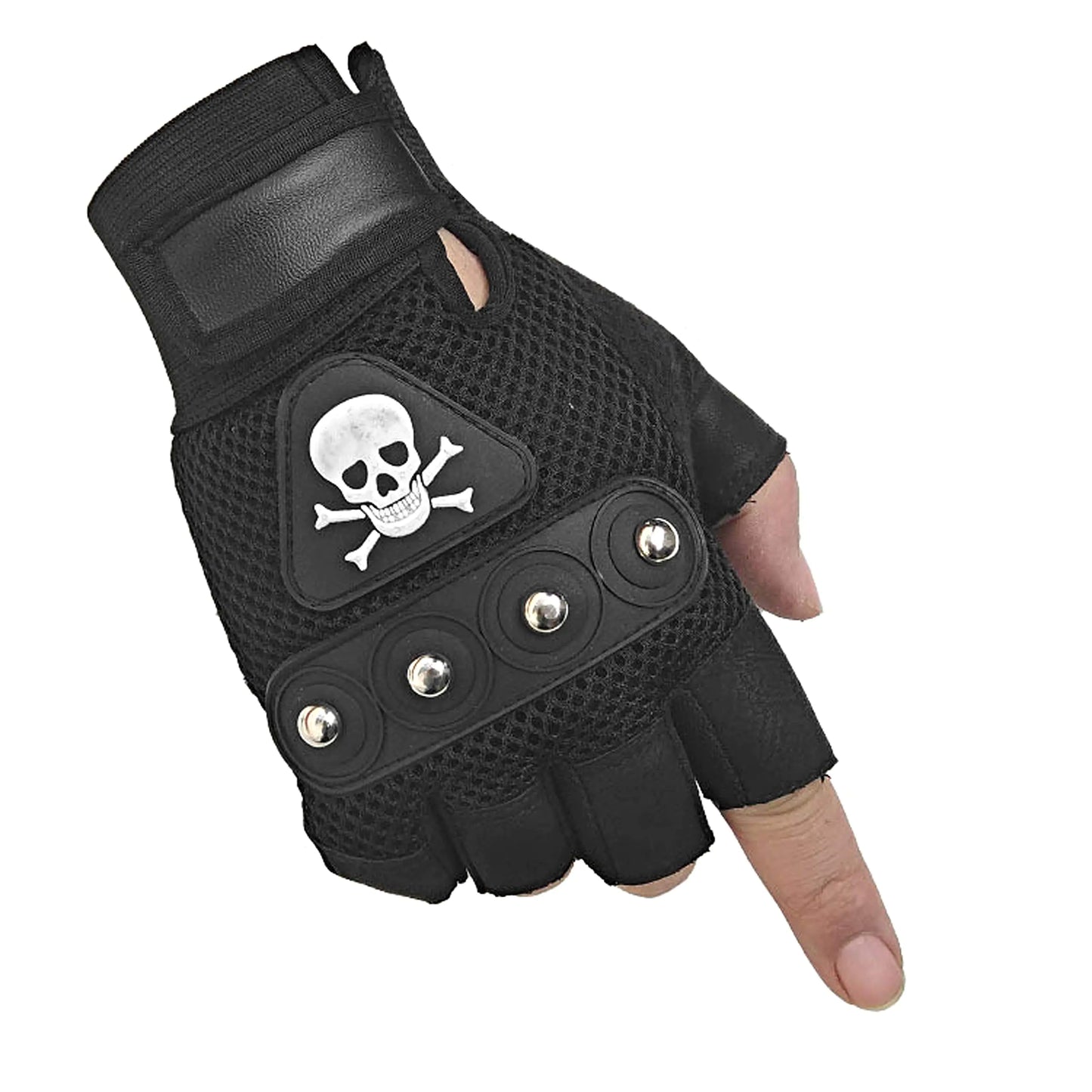 SZTLKHH Mens Punk Rock Biker Gothic Skull Gloves Motorcycle Skeletal Rivet Cycling Driving Fingerless Mitten (Black)